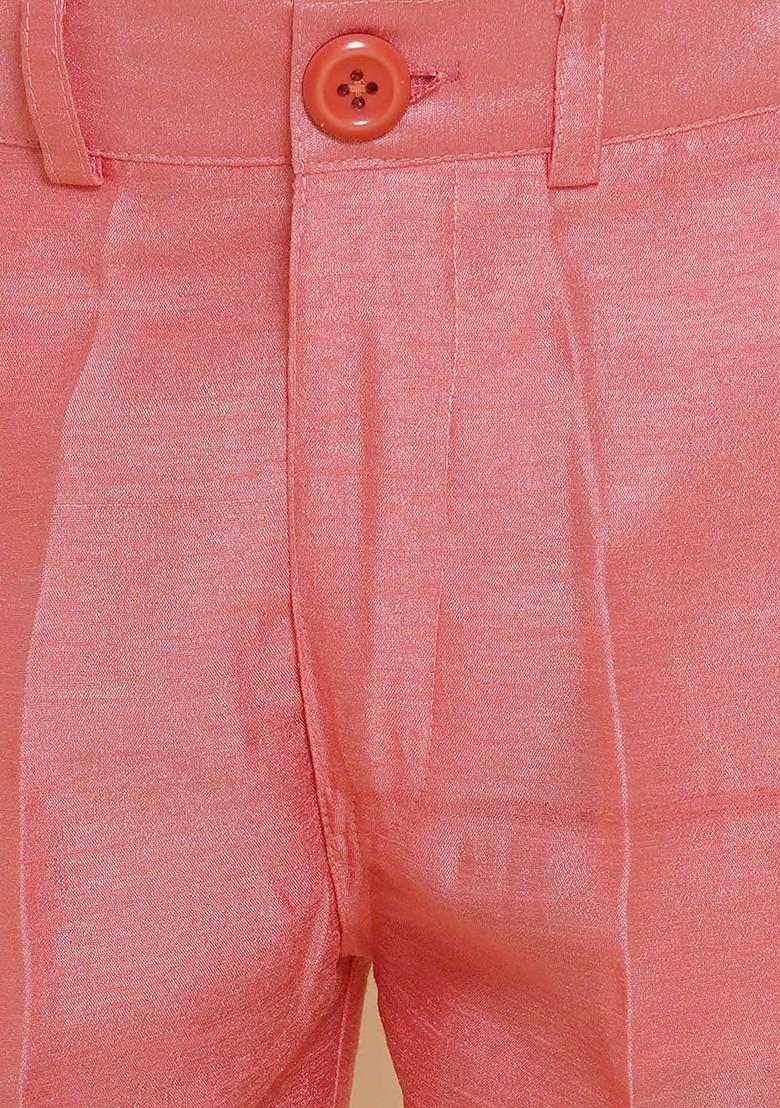 Pink Mandarin Collar Kurta With Trousers And Nehru Jacket For Boys