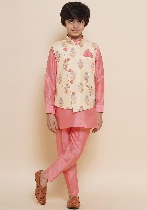 Pink Mandarin Collar Kurta With Trousers And Nehru Jacket For Boys