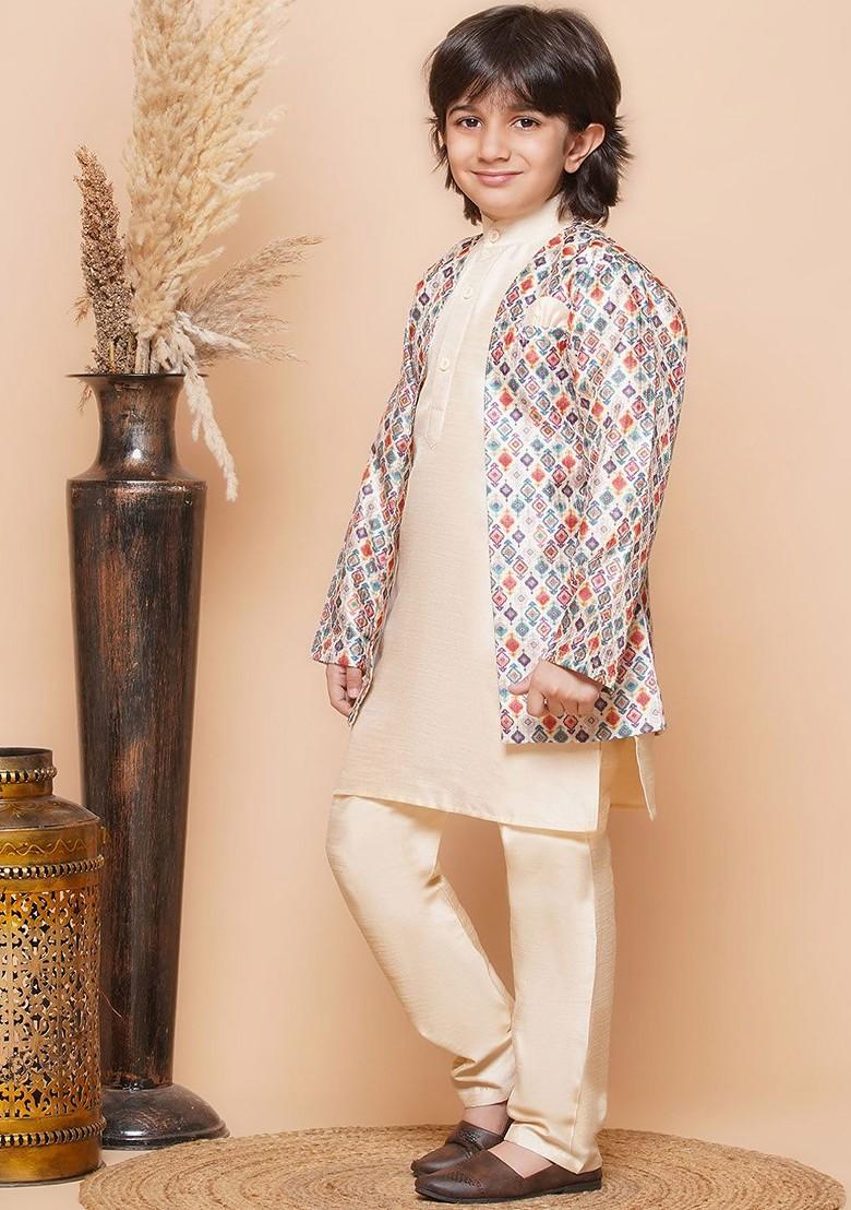 Beige Ethnic Motifs Printed Raw Silk Kurta With Trousers For Boys