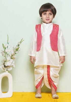 White Regular Kurta With Dhoti Pant And Waistcoat For Boys