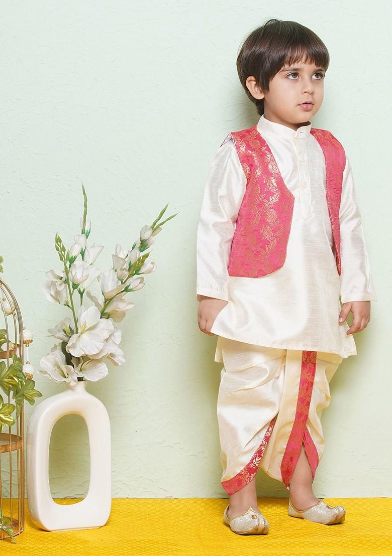 White Regular Kurta With Dhoti Pant And Waistcoat For Boys