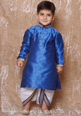 Blue Solid Kurta With Dhoti Pants For Boys