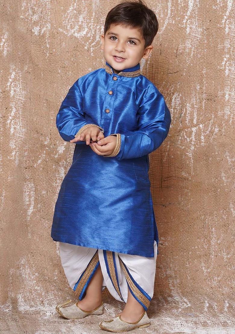 Blue Solid Kurta With Dhoti Pants For Boys