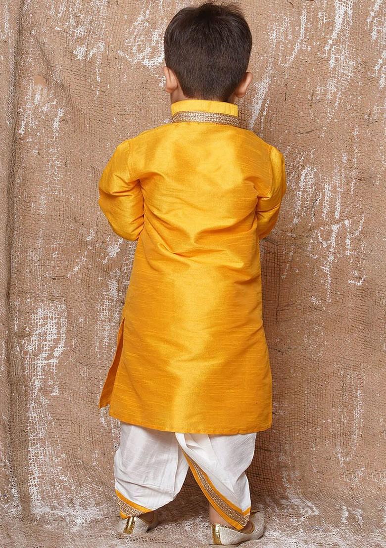 Yellow Mandarin Collar Straight Kurta With Dhoti Pants For Boys