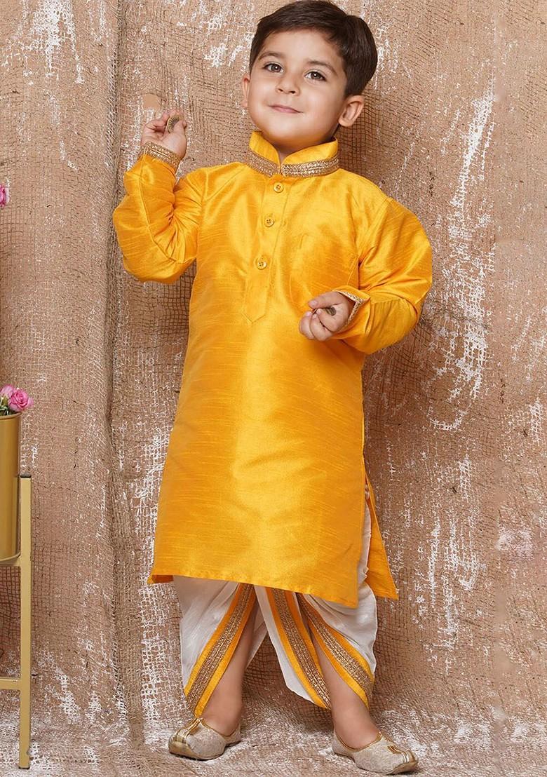 Yellow Mandarin Collar Straight Kurta With Dhoti Pants For Boys