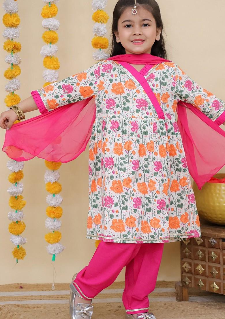 Pink Floral Printed Regular Pure Cotton Kurti With Salwar And With Dupatta For Girls