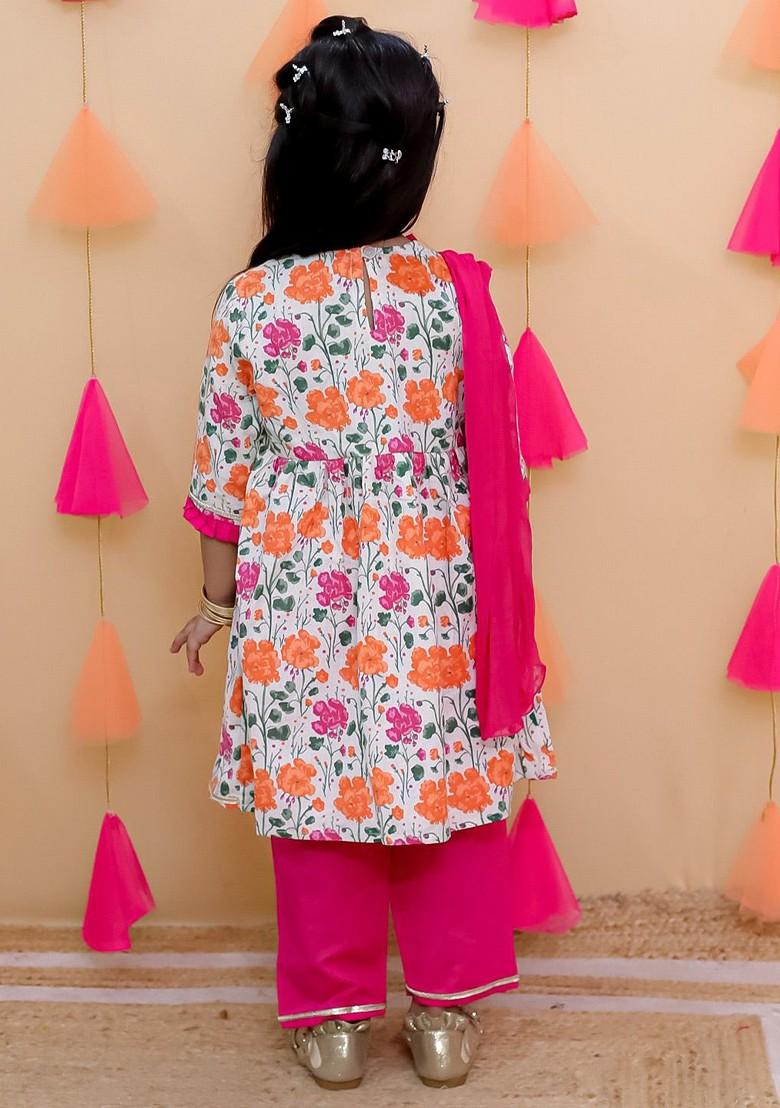 Pink Floral Printed Regular Pure Cotton Kurti With Salwar And With Dupatta For Girls
