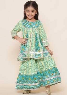 Green Ethnic Printed Empire Gotta Patti Pure Cotton Anarkali Kurta With Sharara For Girls