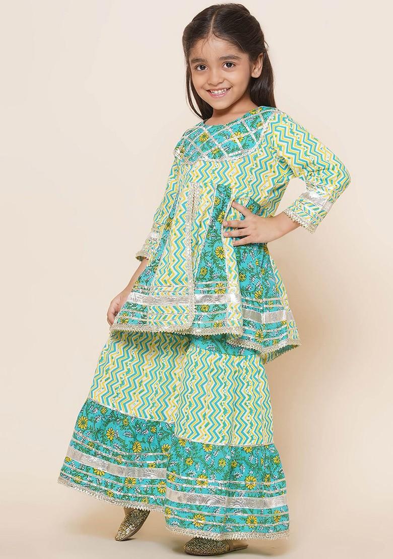 Green Ethnic Printed Empire Gotta Patti Pure Cotton Anarkali Kurta With Sharara For Girls
