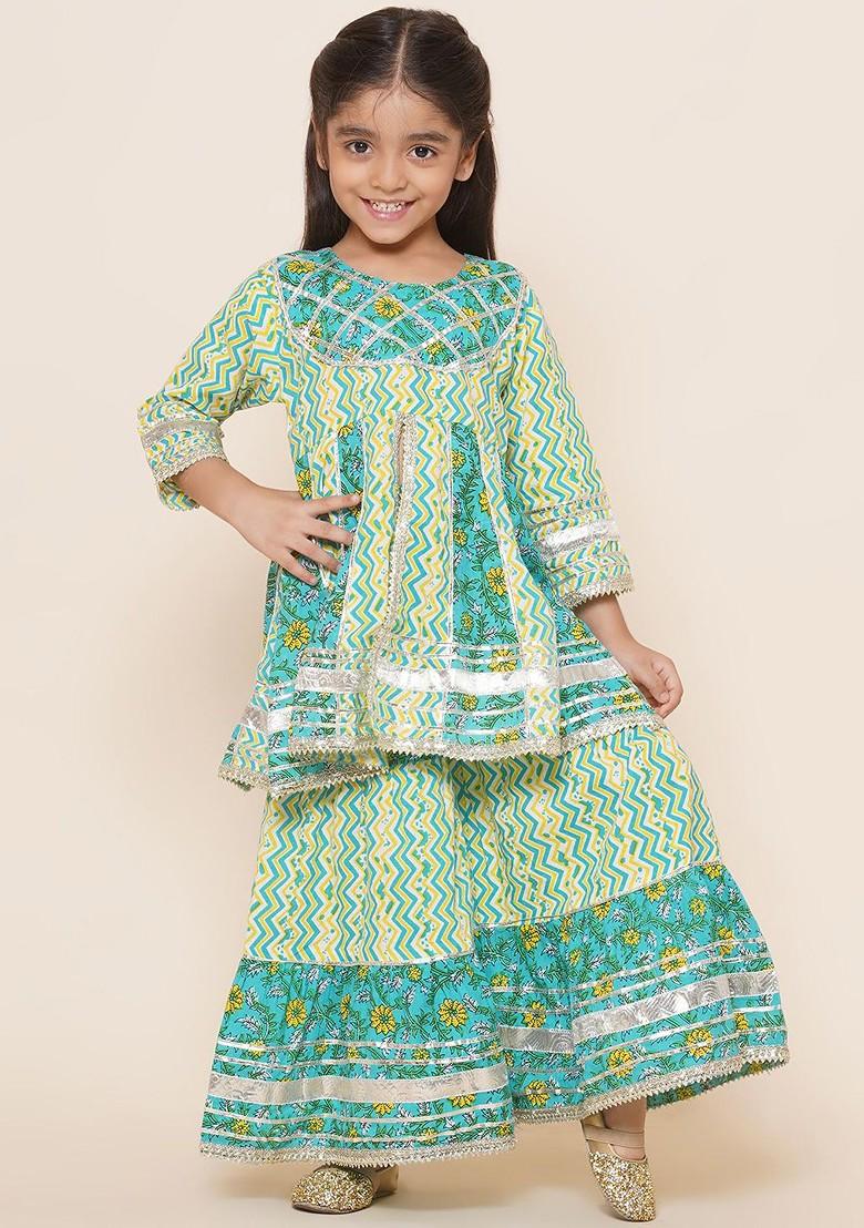 Green Ethnic Printed Empire Gotta Patti Pure Cotton Anarkali Kurta With Sharara For Girls