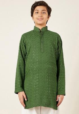 Green Embellished Band Collar Long Sleeves Sequinned Pure Cotton Kurta For Boys