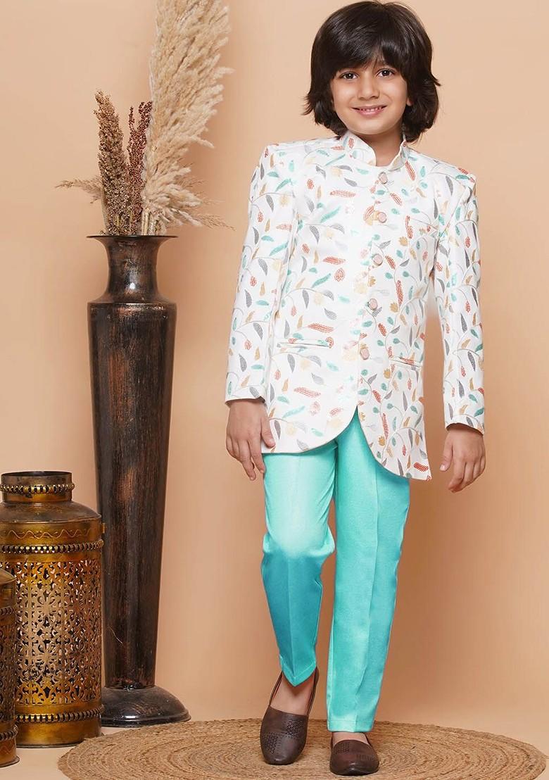 White 2 Pieces Sequin Embellished Sherwani Set For Boys
