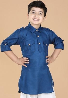 Blue Shirt Collar Roll Up Sleeves Pure Cotton Pathani Kurta For Boys