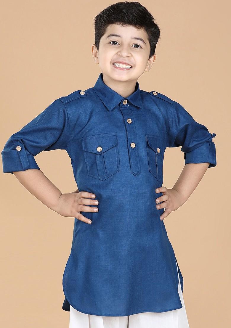 Blue Shirt Collar Roll Up Sleeves Pure Cotton Pathani Kurta For Boys