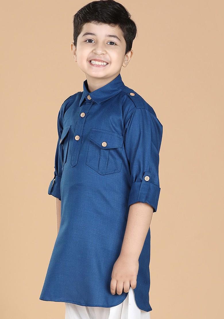 Blue Shirt Collar Roll Up Sleeves Pure Cotton Pathani Kurta For Boys