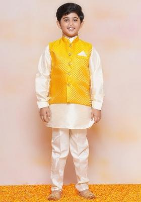 Mustard Mandarin Collar Regular Kurta With Pyjamas And Nehru Jacket For Boys