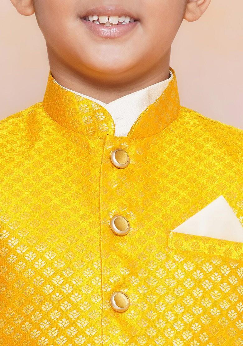 Mustard Mandarin Collar Regular Kurta With Pyjamas And Nehru Jacket For Boys