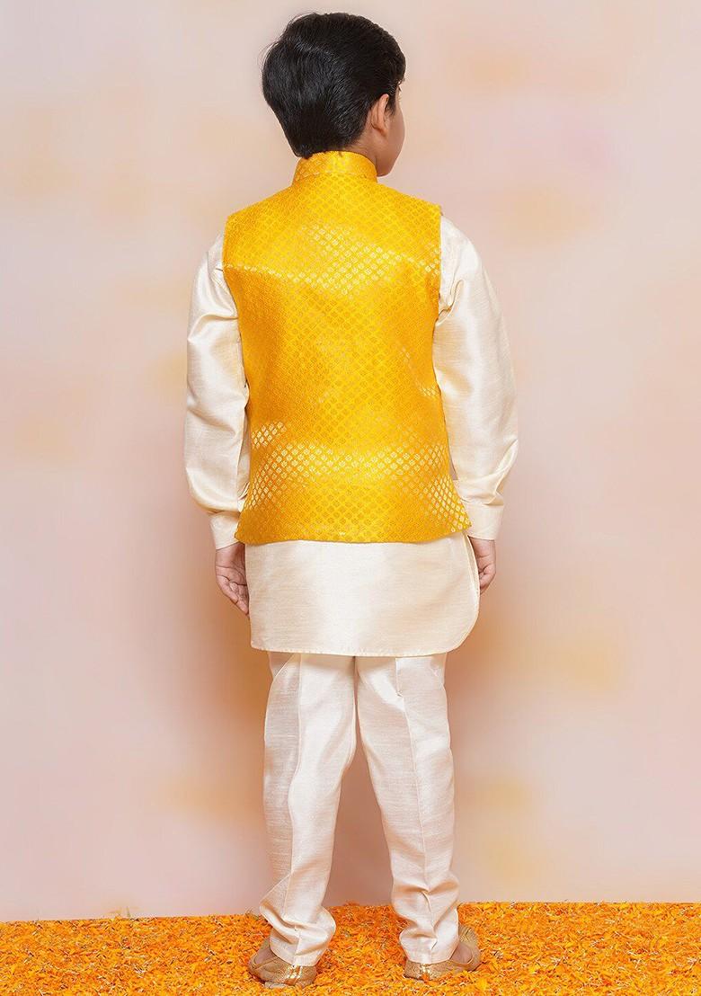 Mustard Mandarin Collar Regular Kurta With Pyjamas And Nehru Jacket For Boys