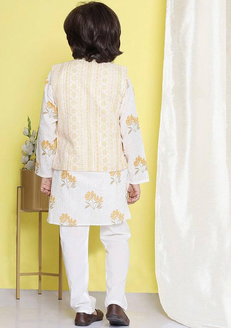 White Floral Printed Regular Pure Cotton Kurta With Pyjamas And Jacket For Boys