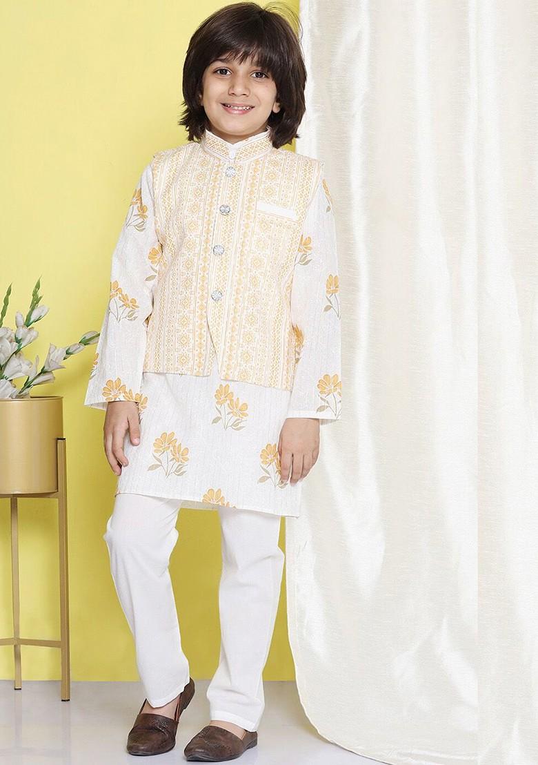 White Floral Printed Regular Pure Cotton Kurta With Pyjamas And Jacket For Boys