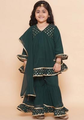 Green Ethnic Motif Printed Empire Gotta Patti Kurti With Sharara And Dupatta For Girls