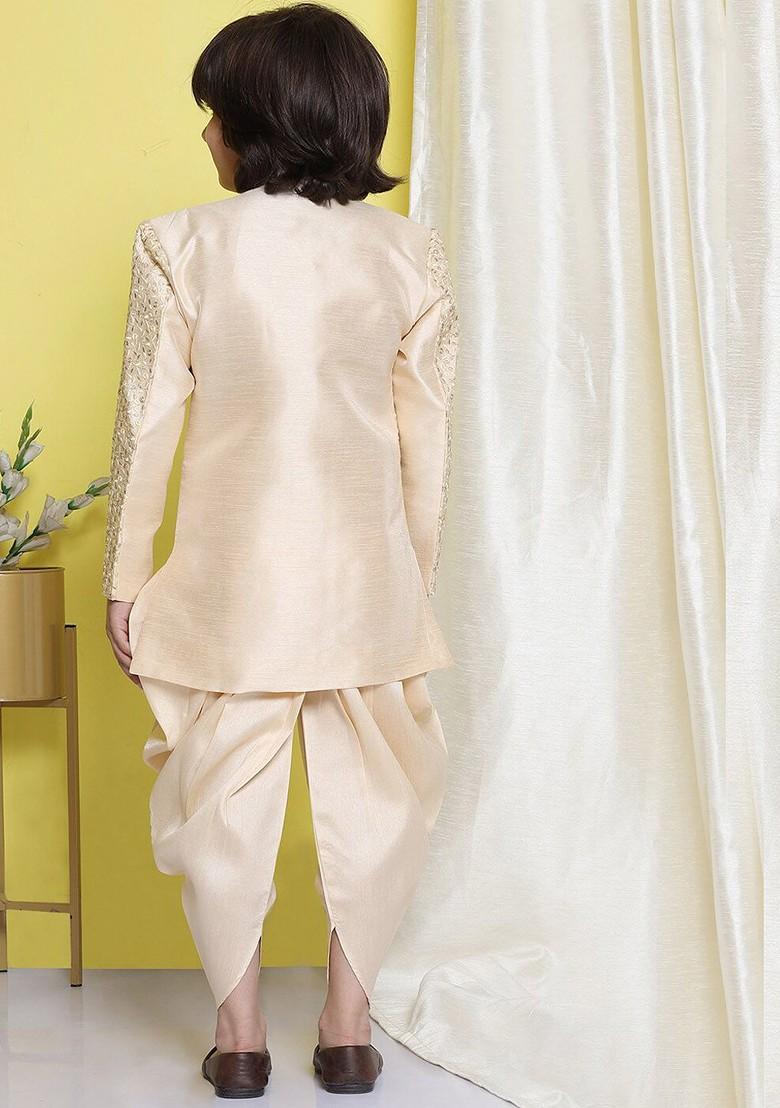 Cream Embroidered Sherwani Set For Boys