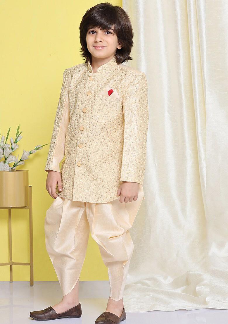 Cream Embroidered Sherwani Set For Boys