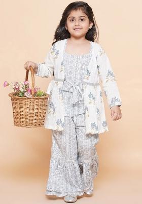 White Floral Printed Empire Pure Cotton Kurti With Sharara For Girls