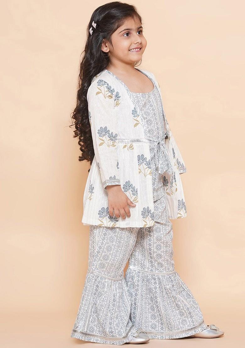 White Floral Printed Empire Pure Cotton Kurti With Sharara For Girls