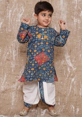 Blue Printed Pure Cotton Kurta With Dhoti Pants For Boys