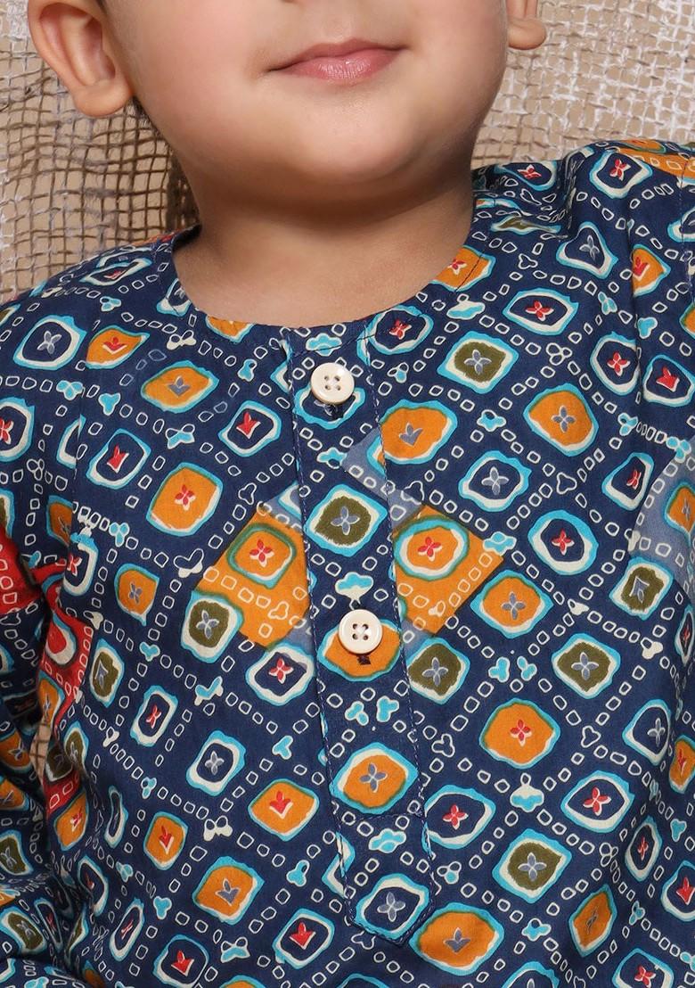 Blue Printed Pure Cotton Kurta With Dhoti Pants For Boys