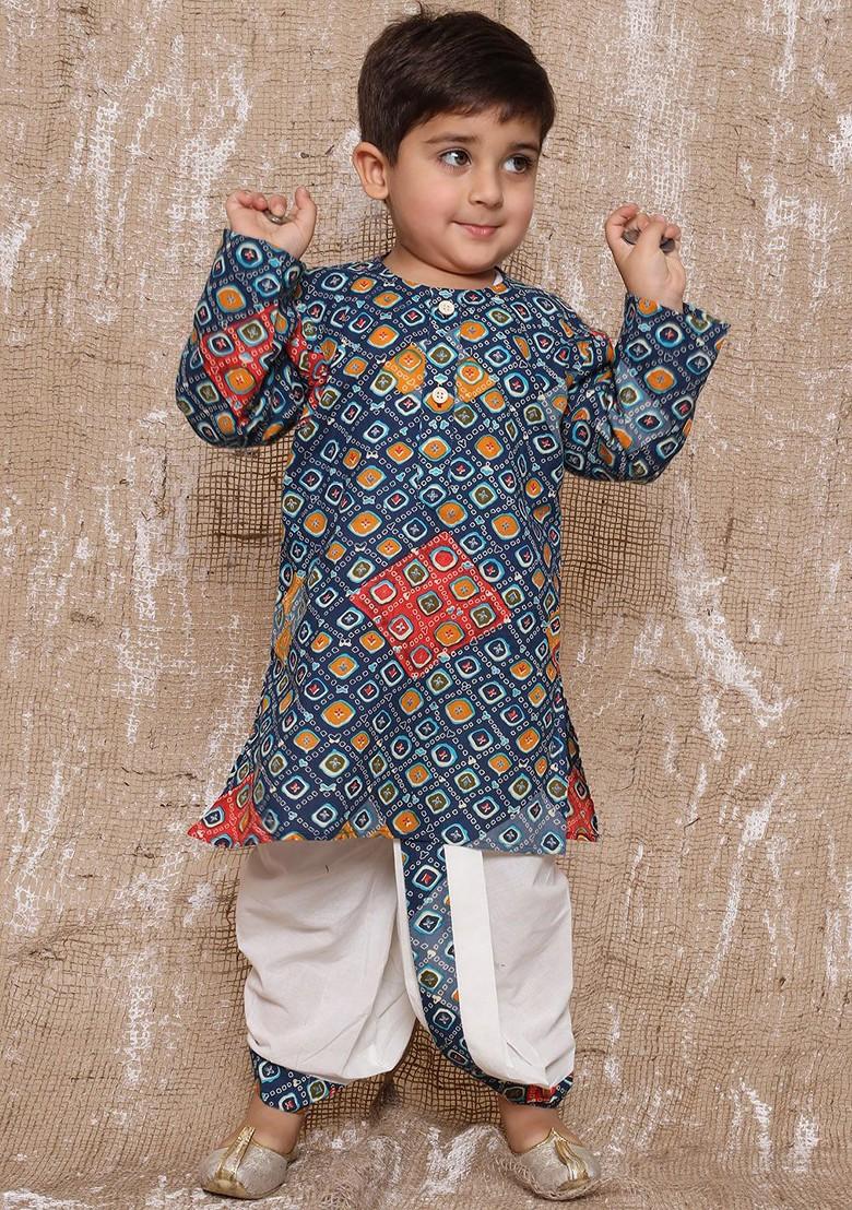 Blue Printed Pure Cotton Kurta With Dhoti Pants For Boys