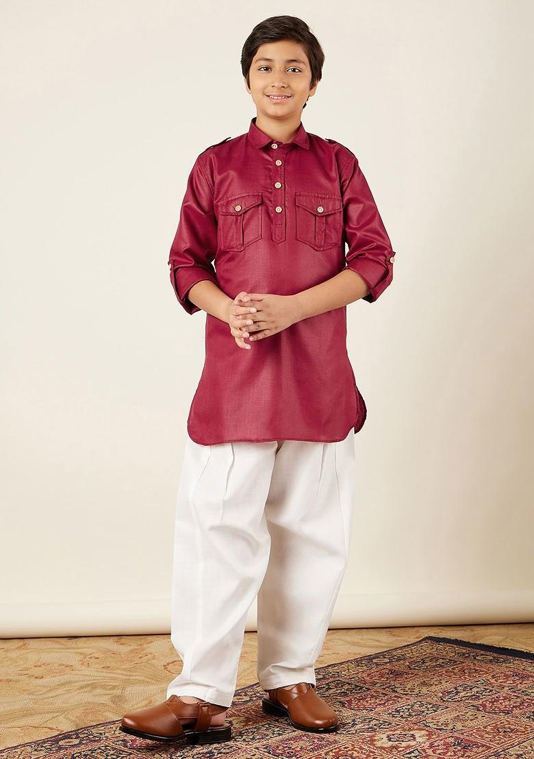 Maroon Roll Up Sleeves Pure Cotton Kurta With Salwar For Boys