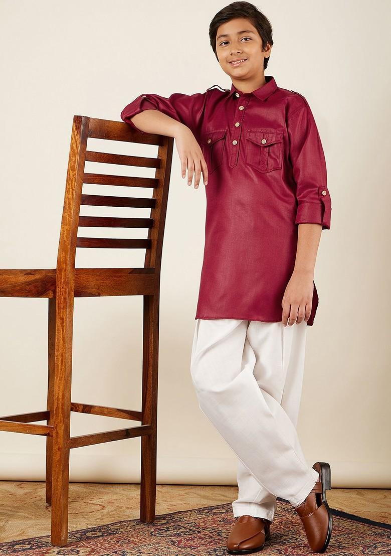 Maroon Roll Up Sleeves Pure Cotton Kurta With Salwar For Boys
