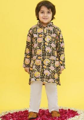 Black Floral Printed Regular Pure Cotton Kurta With Salwar For Boys