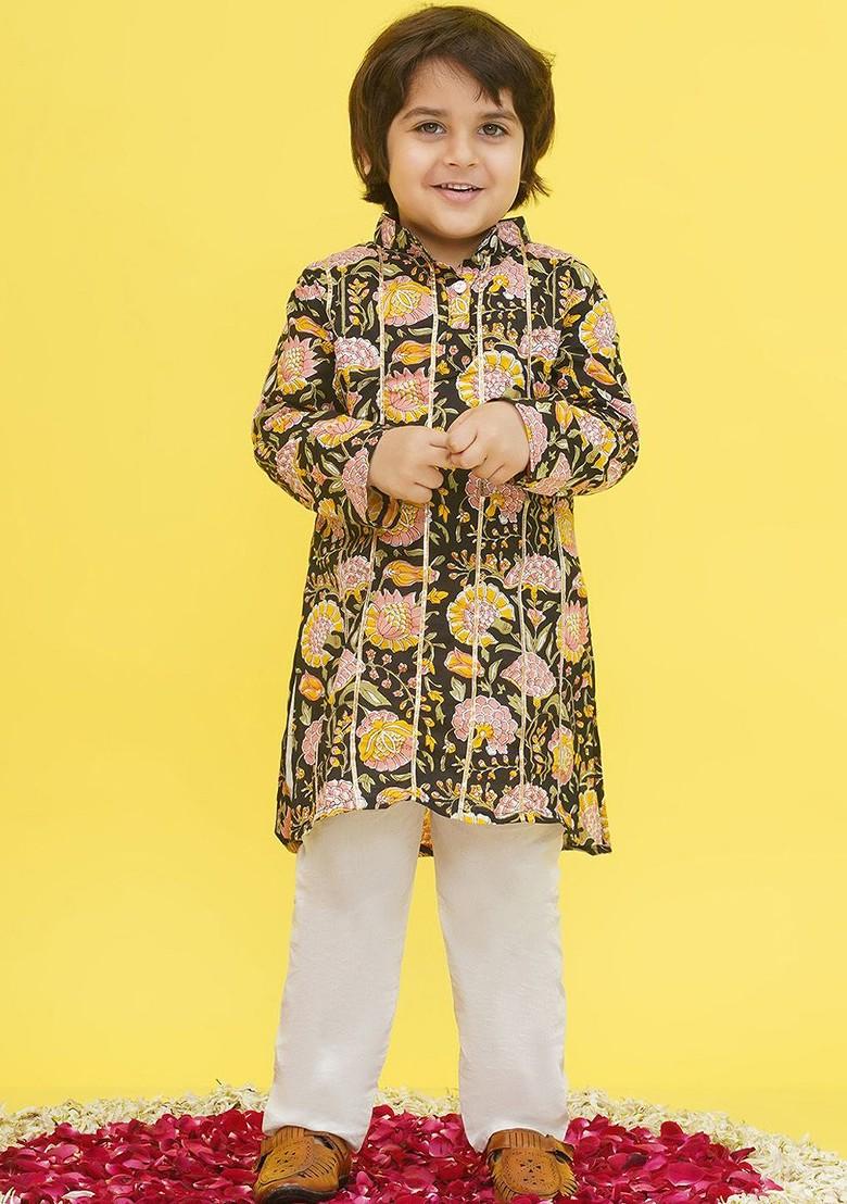 Black Floral Printed Regular Pure Cotton Kurta With Salwar For Boys