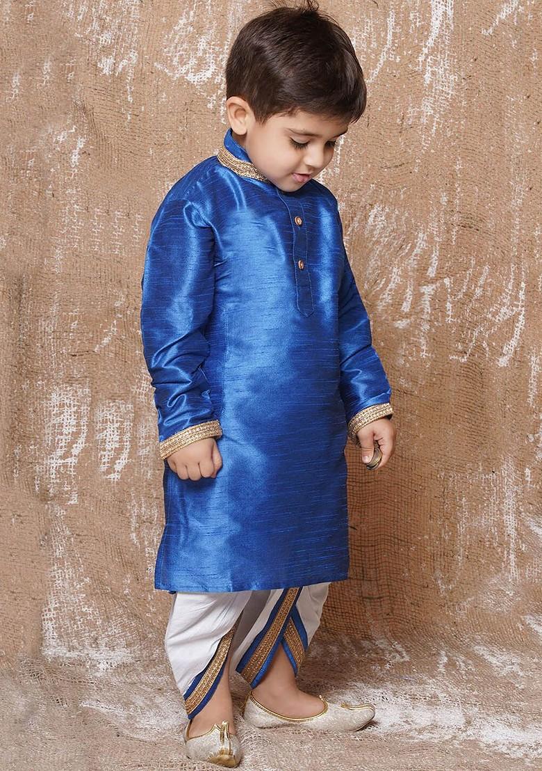 Blue Mandarin Collar Straight Kurta With Dhoti Pants For Boys
