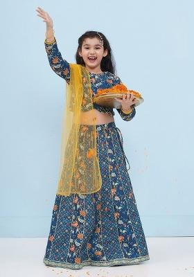 Blue Printed Ready To Wear Lehenga And Blouse With Dupatta For Girls
