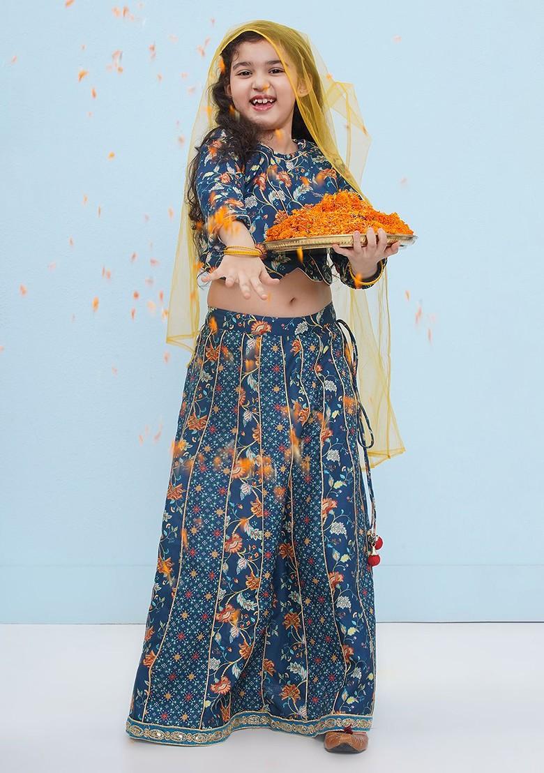 Blue Printed Ready To Wear Lehenga And Blouse With Dupatta For Girls