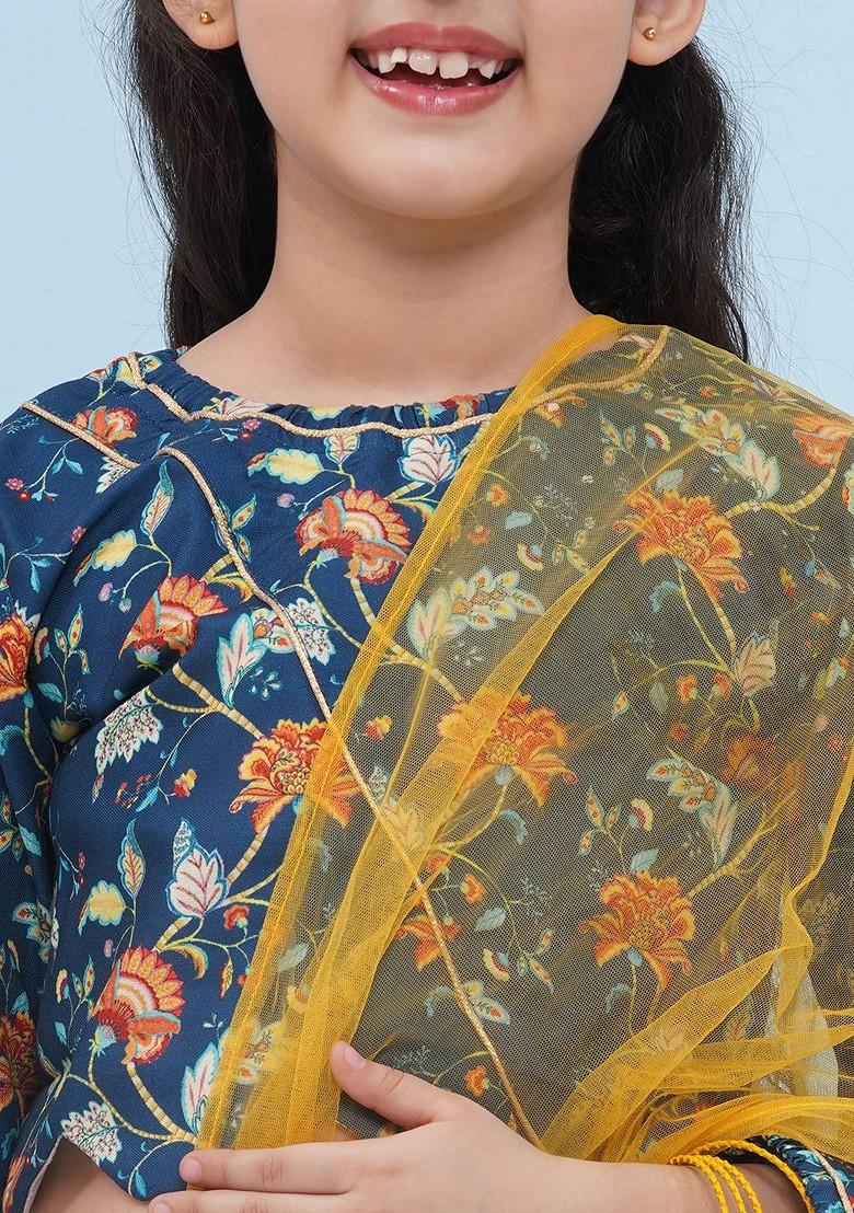 Blue Printed Ready To Wear Lehenga And Blouse With Dupatta For Girls