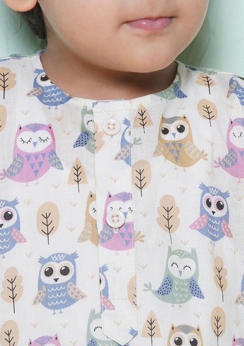 Olive Animal Printed Round Neck Long Sleeves Pure Cotton Kurta With Dhoti Pants For Boys