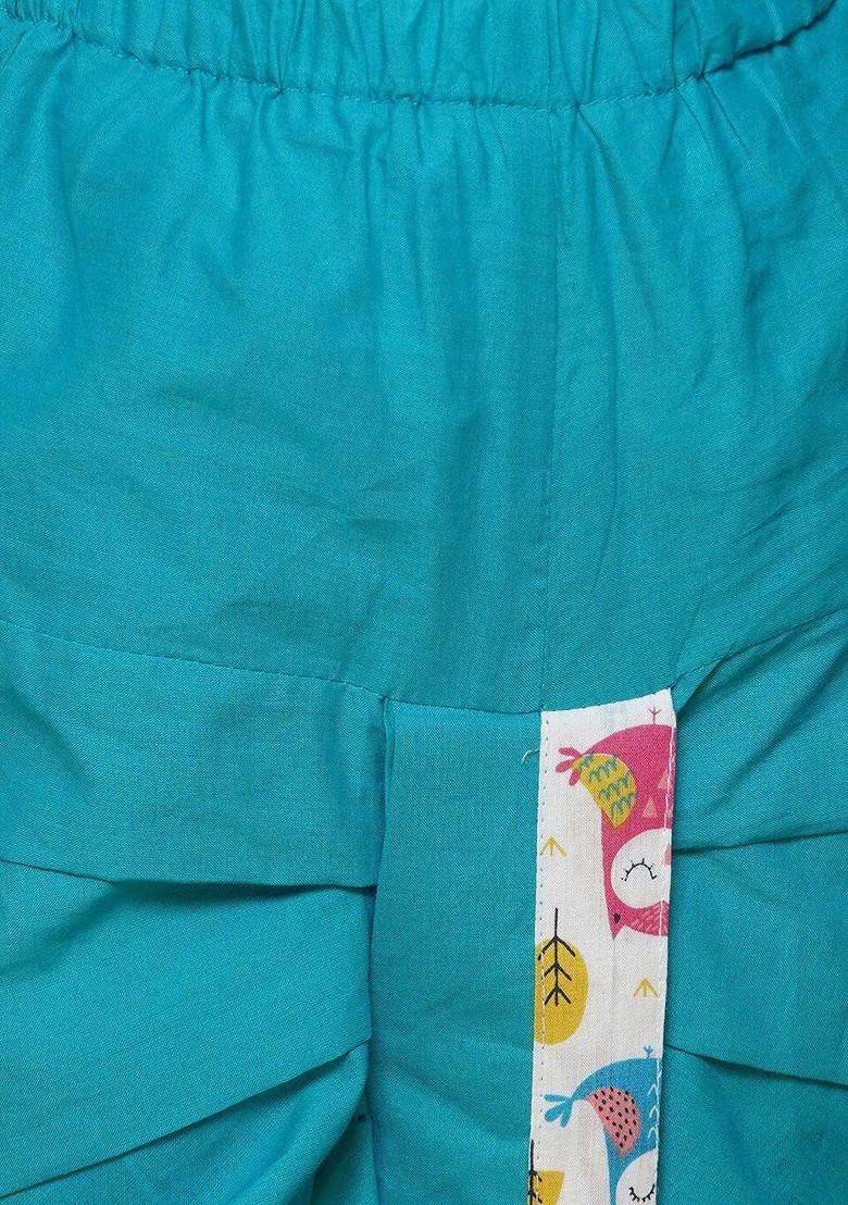Teal Animal Printed Round Neck Long Sleeves Pure Cotton Kurta With Dhoti Pants For Boys