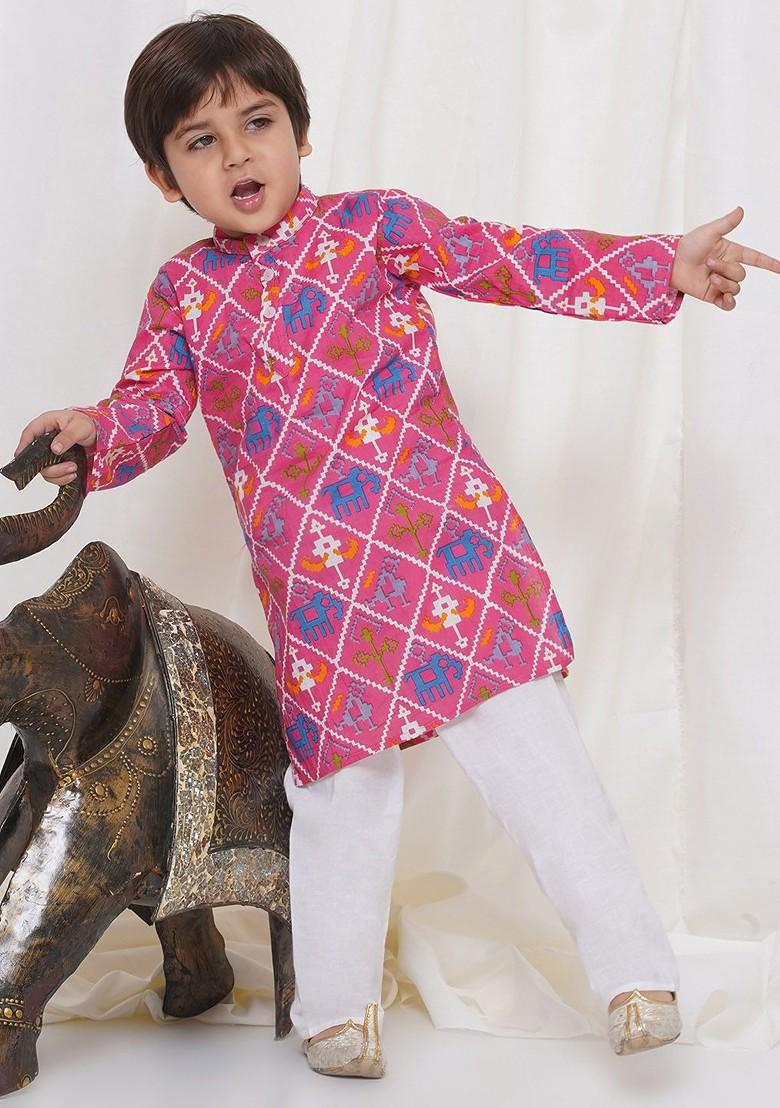 Pink Animal Printed Regular Pure Cotton Kurta With Pyjamas For Boys