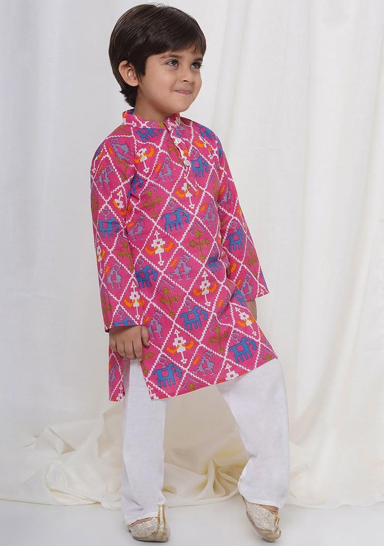 Pink Animal Printed Regular Pure Cotton Kurta With Pyjamas For Boys