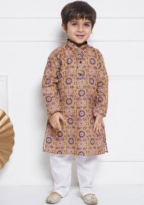 Mustard Floral Printed Straight Mandarin Collar Pure Cotton Kurta With Pyjama For Boys