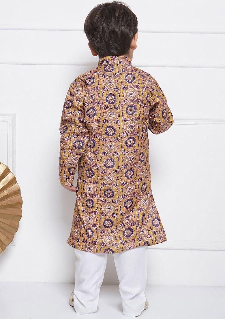 Mustard Floral Printed Straight Mandarin Collar Pure Cotton Kurta With Pyjama For Boys