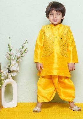 Mustard Sequinned Pure Cotton Kurta And Waistcoat With Dhoti Pants For Boys