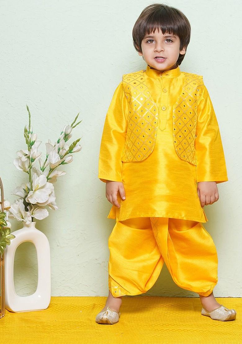Mustard Sequinned Pure Cotton Kurta And Waistcoat With Dhoti Pants For Boys