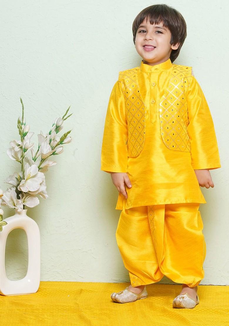 Mustard Sequinned Pure Cotton Kurta And Waistcoat With Dhoti Pants For Boys
