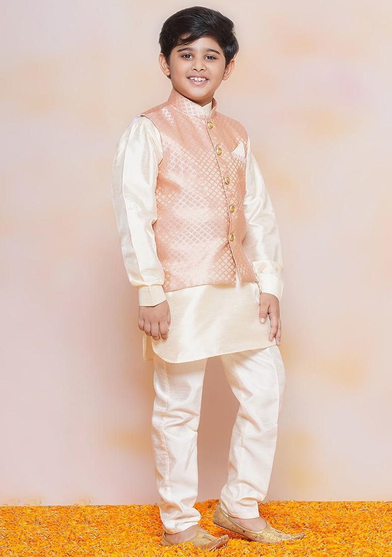 Peach Mandarin Collar Regular Kurta With Pyjamas And Nehru Jacket For Boys